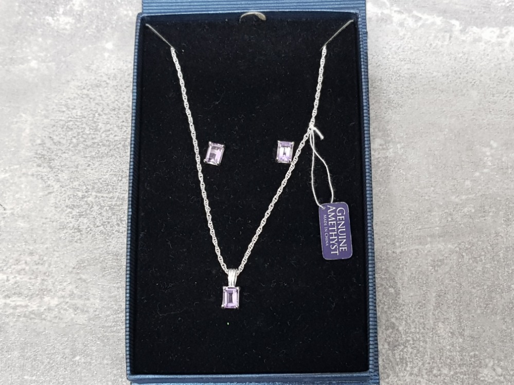 Silver and amethyst pendant and earring set, boxed