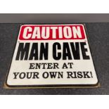 Cast metal wall plaque caution man cave 24cm x 24cms