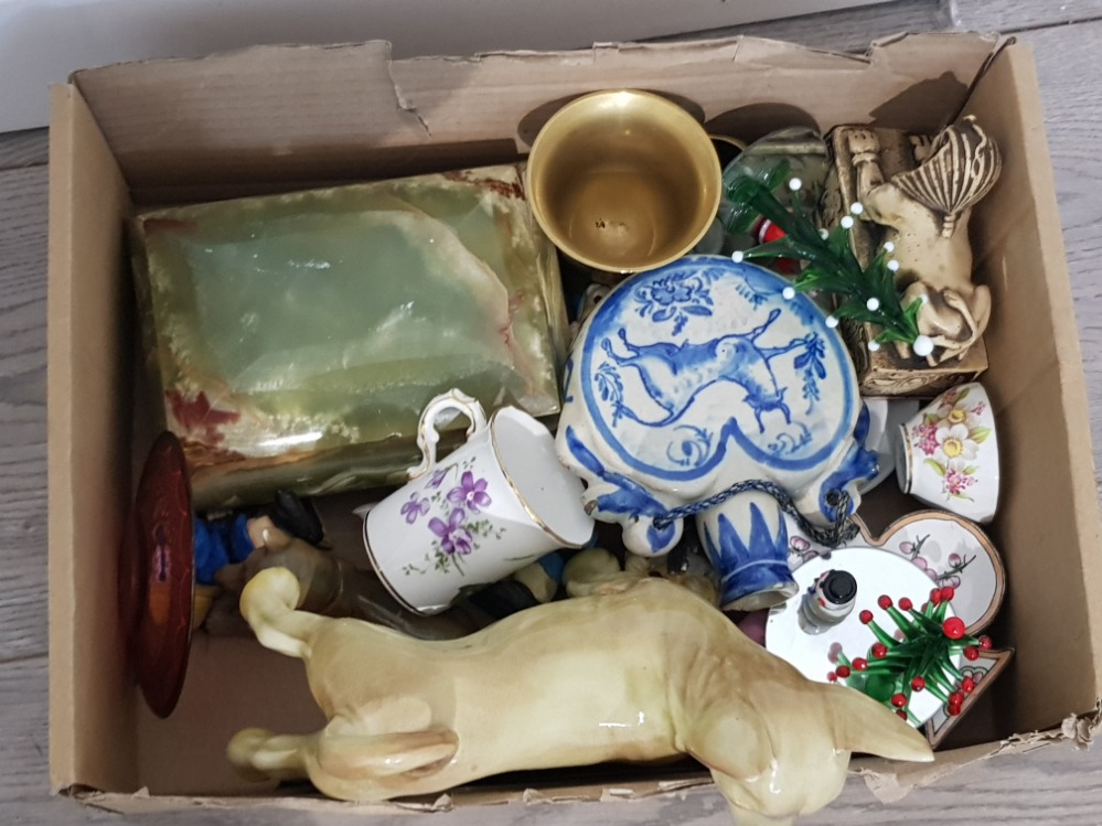 Tray of misc including mini porcelain dog delft flask, onyx cigarette box etc