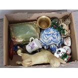 Tray of misc including mini porcelain dog delft flask, onyx cigarette box etc