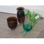 2 art glass vases handmade by Martin and Lewis at corby castle together with 2 Murano horn of plenty