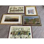 5 framed pictures to include a lake scene signed indistinct a cottage setting a landscape of highla