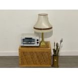 Brass fire companion set with lamp, wooden box and bench oven