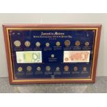 Coins and banknotes framed display of L.S.D and decimal coins (17) and banknotes (2)