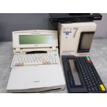 5 vintage electronic items includes Canon star writer 550c, Canon BJ-30 printer, Amstrad notepad