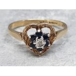 9ct gold diamond and sapphire 1x6 cluster in heart shaped ring, 2.27g size p1/2