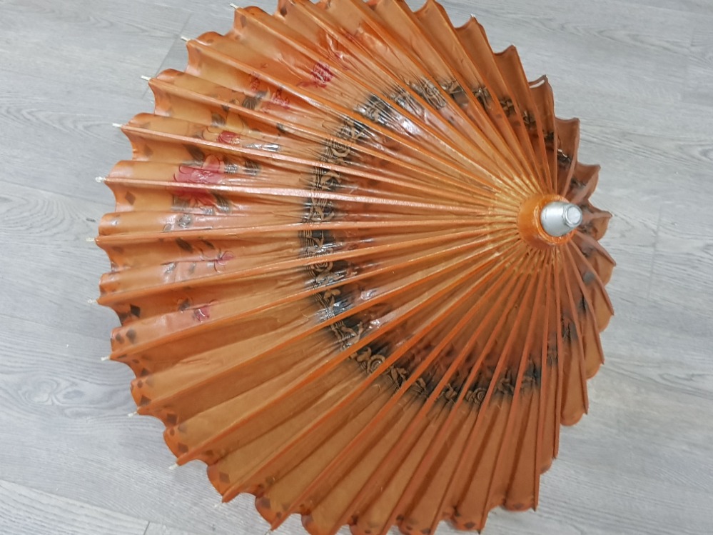 1930s Chinese parasol made from waxed paper and hand painted together with a hand face fan, - Image 2 of 3