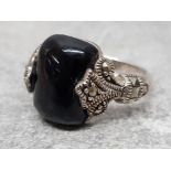 Silver and Marcasite dress ring with Jet centre stone, size N 6.3G