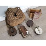Nice vintage fishing lot to include fishing basket, leather fly pouch with flys and 3 fly fishing