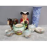 Small box of mixed ceramic pieces to include Staffordshire old english toby jug, melba ware horse,
