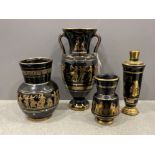 4 pieces of Gold and black vases and a urn