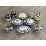 Lot of six biscuit barrels alongside four tureens assorted in size