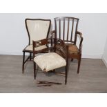 3 miscellaneous chairs, metal studded mahogany, oak framed rush seated armchair and inlaid