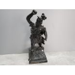Large painted black spelter figure of a knight, missing spear, 42cm
