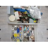 Large box containing miscellaneous tools, tape, screw bits etc