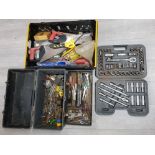 Box containing mixed tools together with tool box and contents includes saw, drill bits and