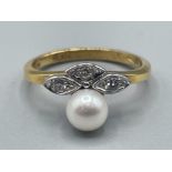 18ct gold diamond and pearl ring. 3G size J1/2