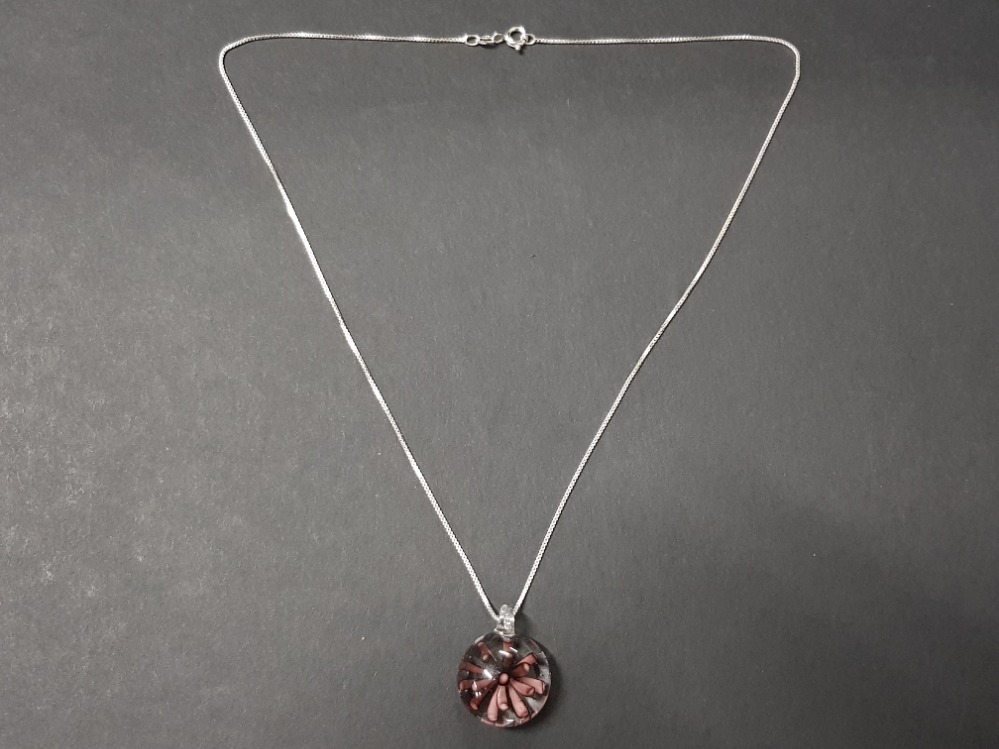 Glass paperweight pendant and silver chain, 8.7G