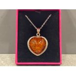 Silver and amber style heart shaped pendant and chain