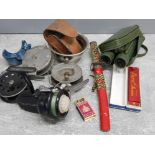 Mixed lot of items includes Japanese knife, binoculars and fishing reels etc