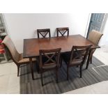 Extending mahogany dining table and 6 chairs, L175cm, W95cm, H73cm