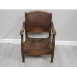 Oak leather and metal studded back bedroom armchair