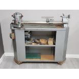 Myford woodturning Lathe with 2 tier storage compartment below plus contents 123x126cm