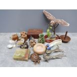 Crate of Mixed items including large Tawny owl ornament by Russell Willis border fine arts, small