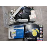 Box of mixed items including Delta steam cleaner, Satellite navigation system, joystic etc