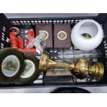 Crate of Misc includes oriental style bookends, brass oil lamp with shade and chimney plus glass