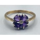 Ladies 9ct gold amethyst and diamond ring. 2g size L1/2