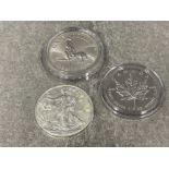 Silver bullion one ounce coins x3 from Australia, Canada and USA 3 pure silver coins