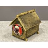 A Brass dog kennel vesta case with enamel pictorial plaque
