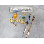 Mixed Masonic items to include medals, dagger, pewter knife and spoon crested set