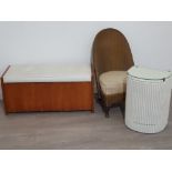 Vintage Llyod loom chair and laundry box together with a teak framed blanket box