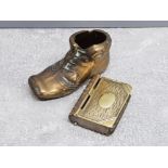 Vintage brass vesta case and stamp holder in the form of a book plus a vintage brass match holder in