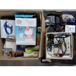 2 mixed boxes of electronic items including Stereo video processor, digital camera, ipod speakers