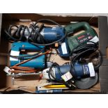 Box of electric power tools includes Cougar grinder, Bosch jigsaw etc