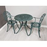 Metal outdoor 3 piece bistro set in green, table and 2 chairs