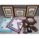 Vintage Carved oak wall barometer and 2 Masonic aprons plus 3 wooden ornaments and 3 framed prints