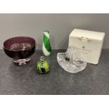 4 decorative items of glass including Royal Doulton basket, Mdina paperweight and purple bowl