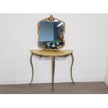 Gilt and onyx effect half moon hall table together with gilt scroll framed mirror