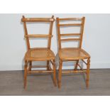 Pair of beech near matching bedroom chairs both with Bergere seats, unstained