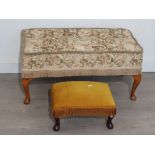 2 upholstered stools, buttoned top floral patterned duet stool and fringed low footstool