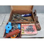 Vintage wooden box containing miscellaneous hand tools together with tire inflator and wooden