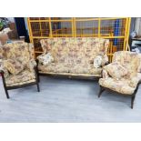 Ercol framed three piece suite comprising of 3 seater wing back sofa, wing back fireside chair