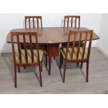 Teak drop leaf dinning table and for matching chairs with green fabric seatpads, 156x88cm