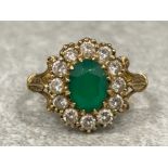 Ladies 9ct gold green and white stone cluster ring. 3.1g size O