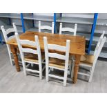 Pine farmhouse table and 6 rush seated chairs 60x91cm