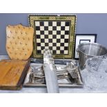 Mixed box containing vintage guillotine, metal plane, ice buckets and chess board